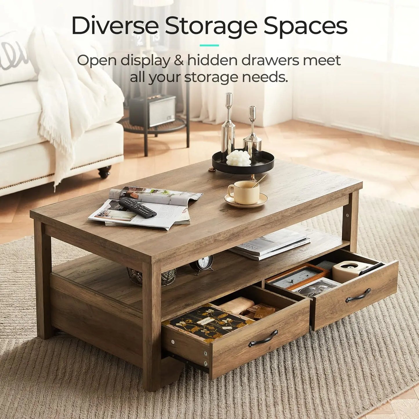 Living Room Table Sets 4 Piece with TV Stand, Farmhouse TV Stand for 65 Inch TV,  Two End Table with Charging Station, Brown