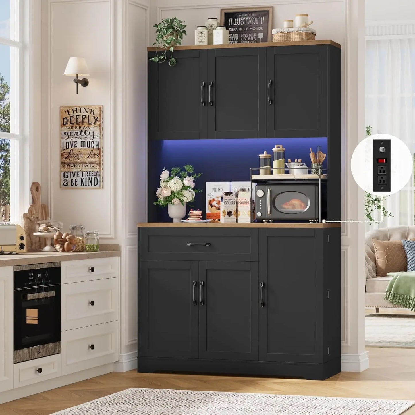 71" LED Kitchen Pantry Cabinet with Power Outlet, Tall Hutch Storage Cabinet with Microwave Stand & 6 Door Shelves,, Customized