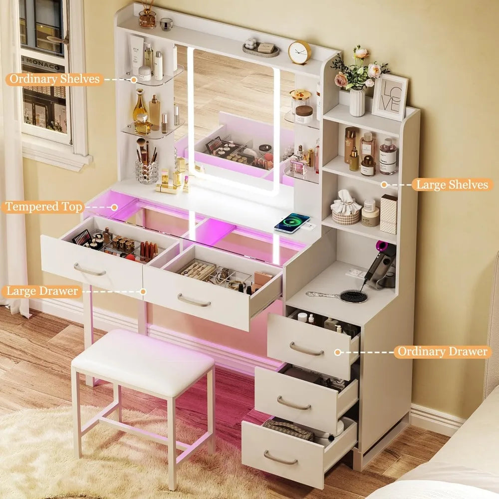 43" Glass Top Vanity Desk with LED Mirror RGB Drawers Wireless Charging 3 Color Lights Power Outlet Bedroom, Customized