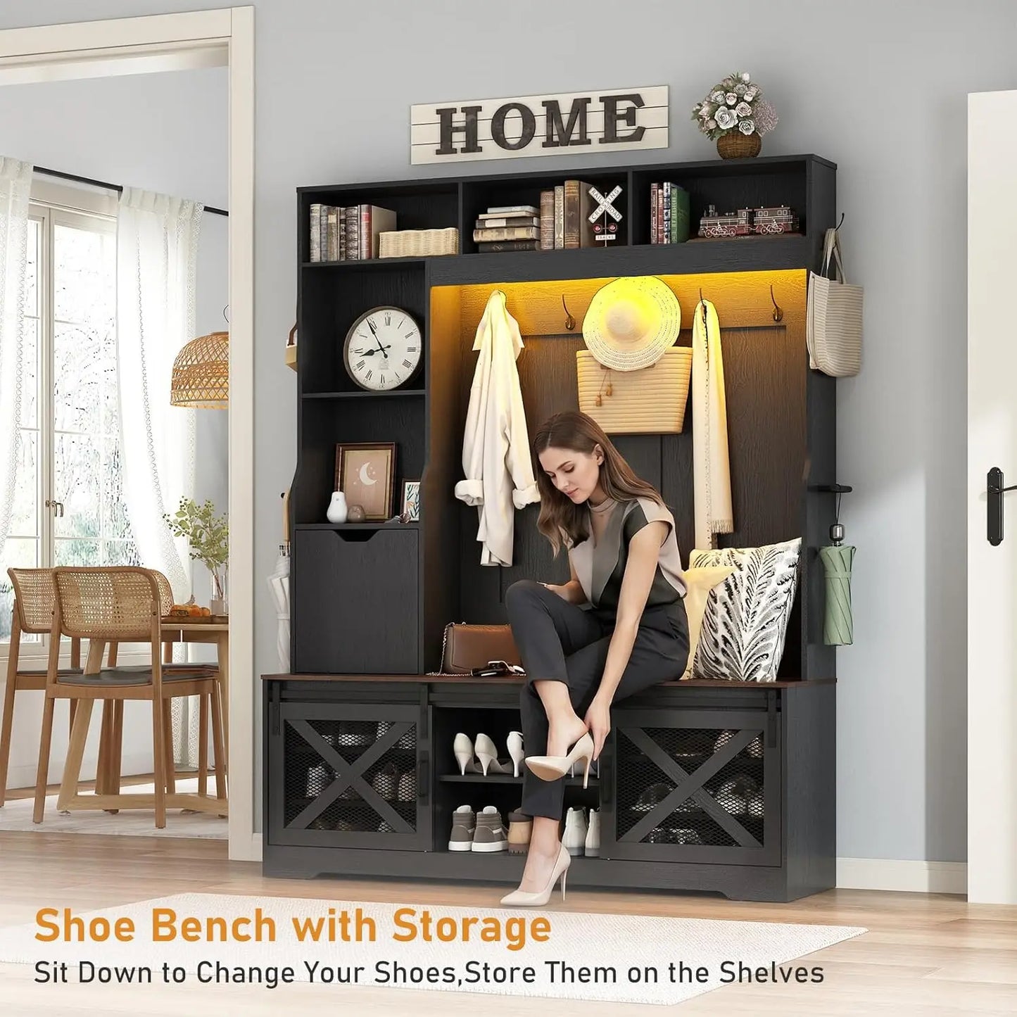 75in Farmhouse Hall Tree Entryway Storage Bench Coat Rack Shoe Cubbies Umbrella Holder Drawer Mudroom Cabinet, Custom