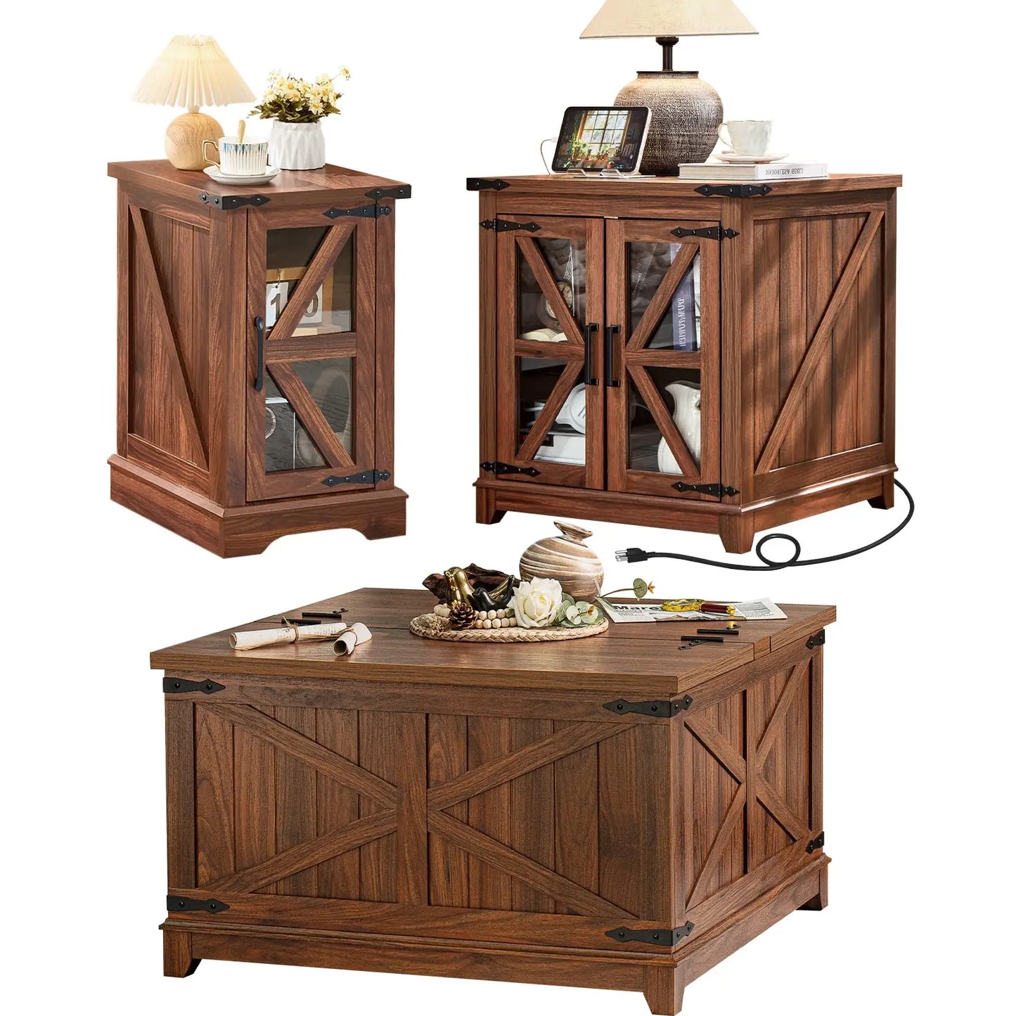 Farmhouse Coffee Table Sets 3 Pieces, 24'' End Table with Charger and Narrow 14'' Nightstand w/Glass Barn Door, Living Room Sets