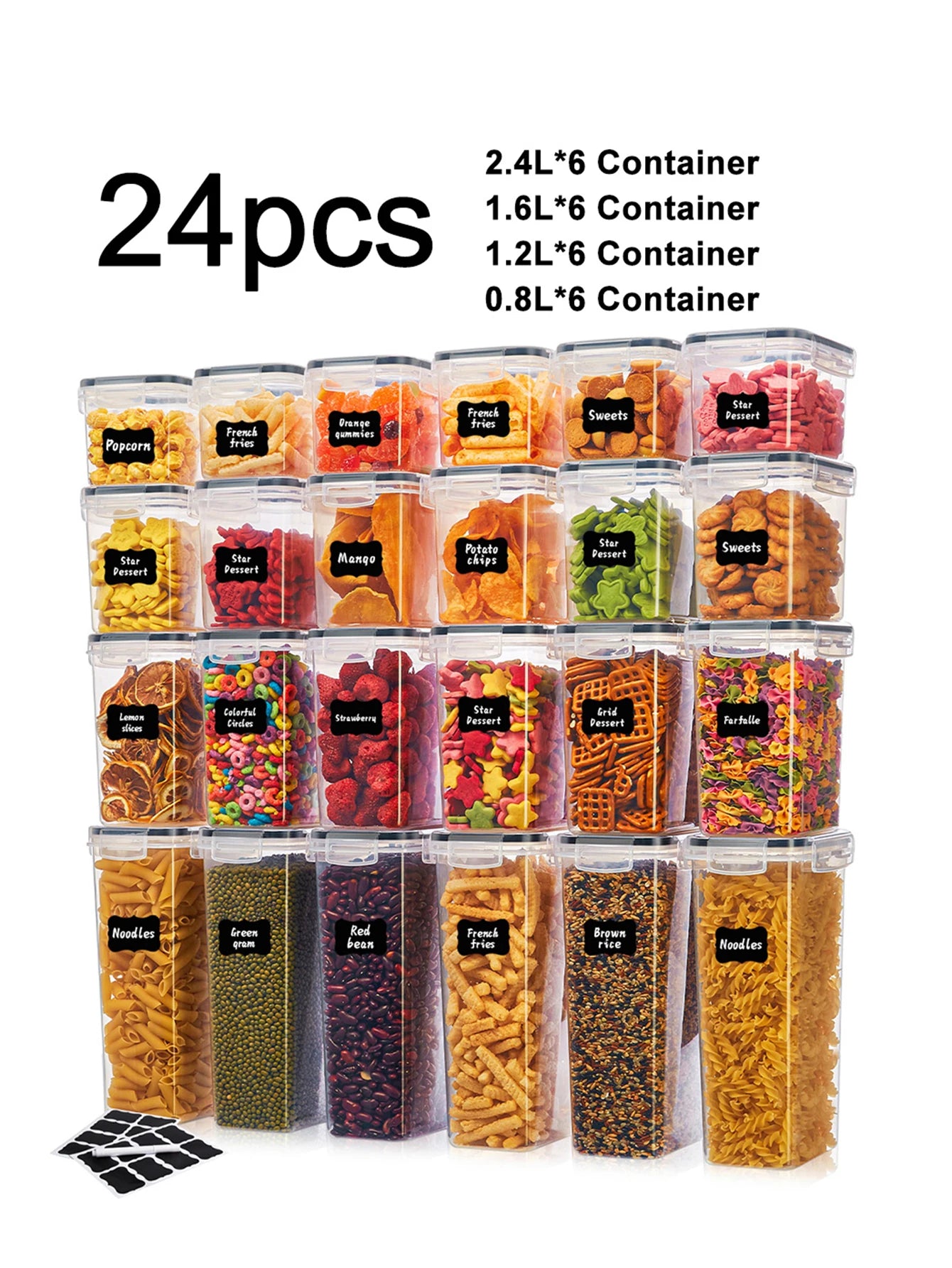 24pcs Airtight Food Storage Containers with Labels for Flour Grains, Coffee Beans and Kitchen Spices Keep Food Fresh Organized
