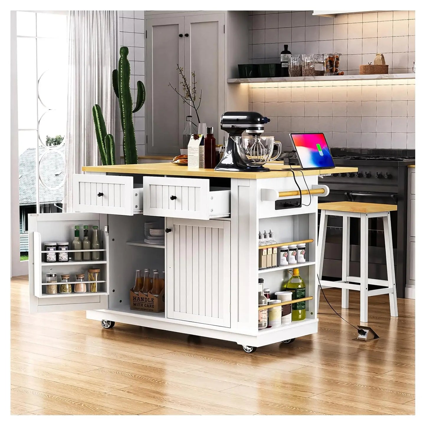 53" Rolling Kitchen Island, Drop Leaf & Power Outlet, 3 Drawers & 2 Cabinets, Mobile Kitchen Cart on 5 Lockable Wheels,, Custom