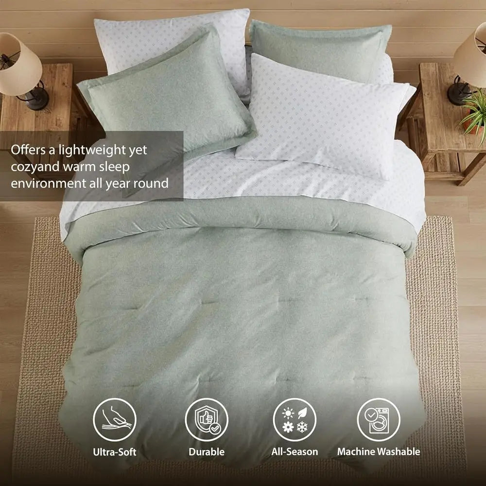 Lightweight 7-Piece Sage Green Bed in a Bag All Season Chambray Print Bedding Set, Ultra Soft Comforter, Sheets, Pillowcase & Sh