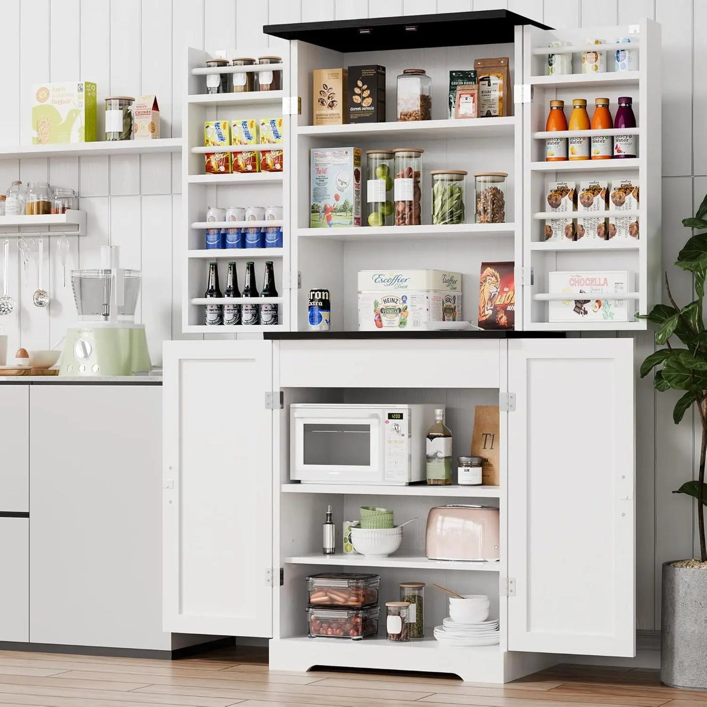 Rustic Wood Kitchen Pantry Storage Cabinet with Barn Doors 6-Tier Tall Drawer And Adjustable Shelves Customizable Cupboard