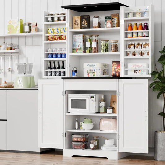 Rustic Wood Kitchen Pantry Storage Cabinet with Barn Doors 6-Tier Tall Drawer And Adjustable Shelves Customizable Cupboard