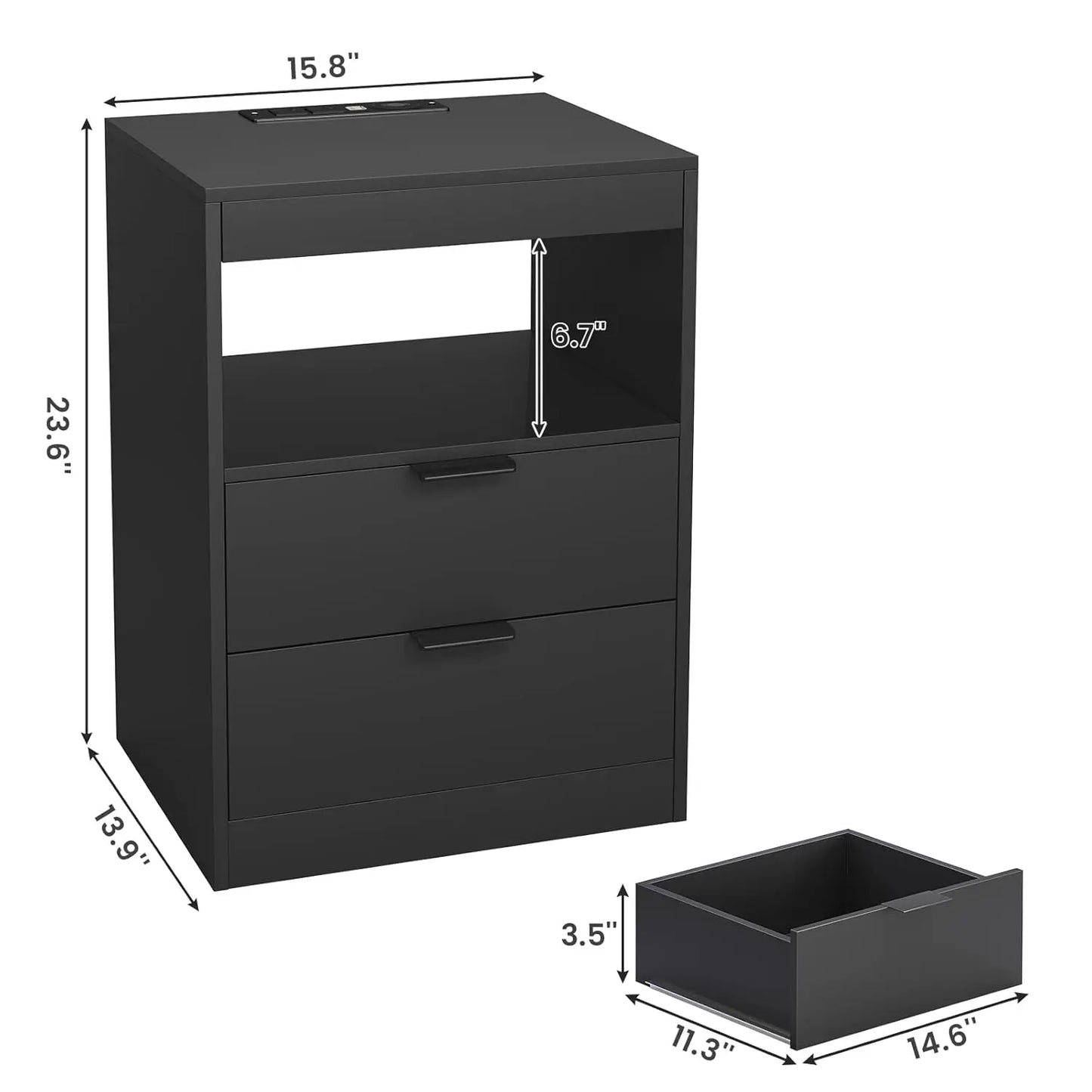 LED Nightstand Black Nightstand with Wireless Charging Station 2 Drawers, Modern Bedroom End Side Table with LED, Customized
