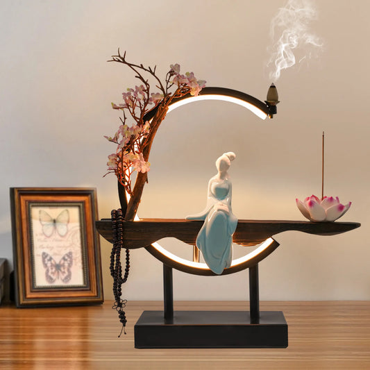 Retro Backflow Incense Burner Ceramic-Iron-Wood Material LED Light Stress Relief Complete Kit for Home/Office Decor