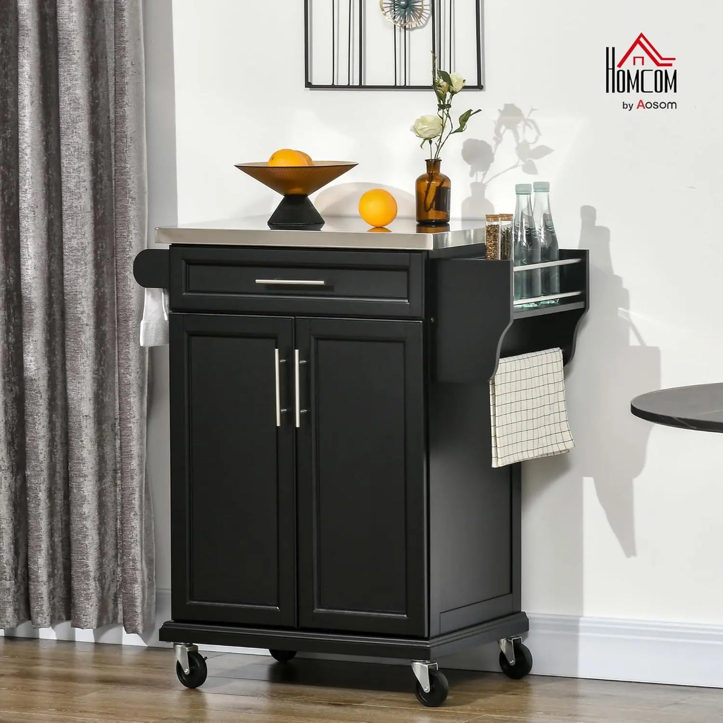 Kitchen Island on Wheels, Rolling Kitchen Cart with Stainless Steel Countertop, Drawer, Towel Rack and Spice Rack,, Customized