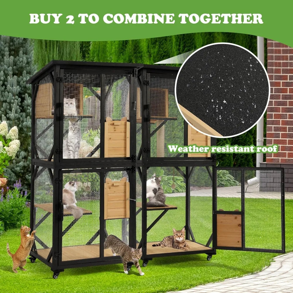 Grepatio Catio Outdoor Cat Enclosure, 4 Tiers Cat House with Waterproof Roof, Indoor Cat Cage with Wheels and Removable Floor, L