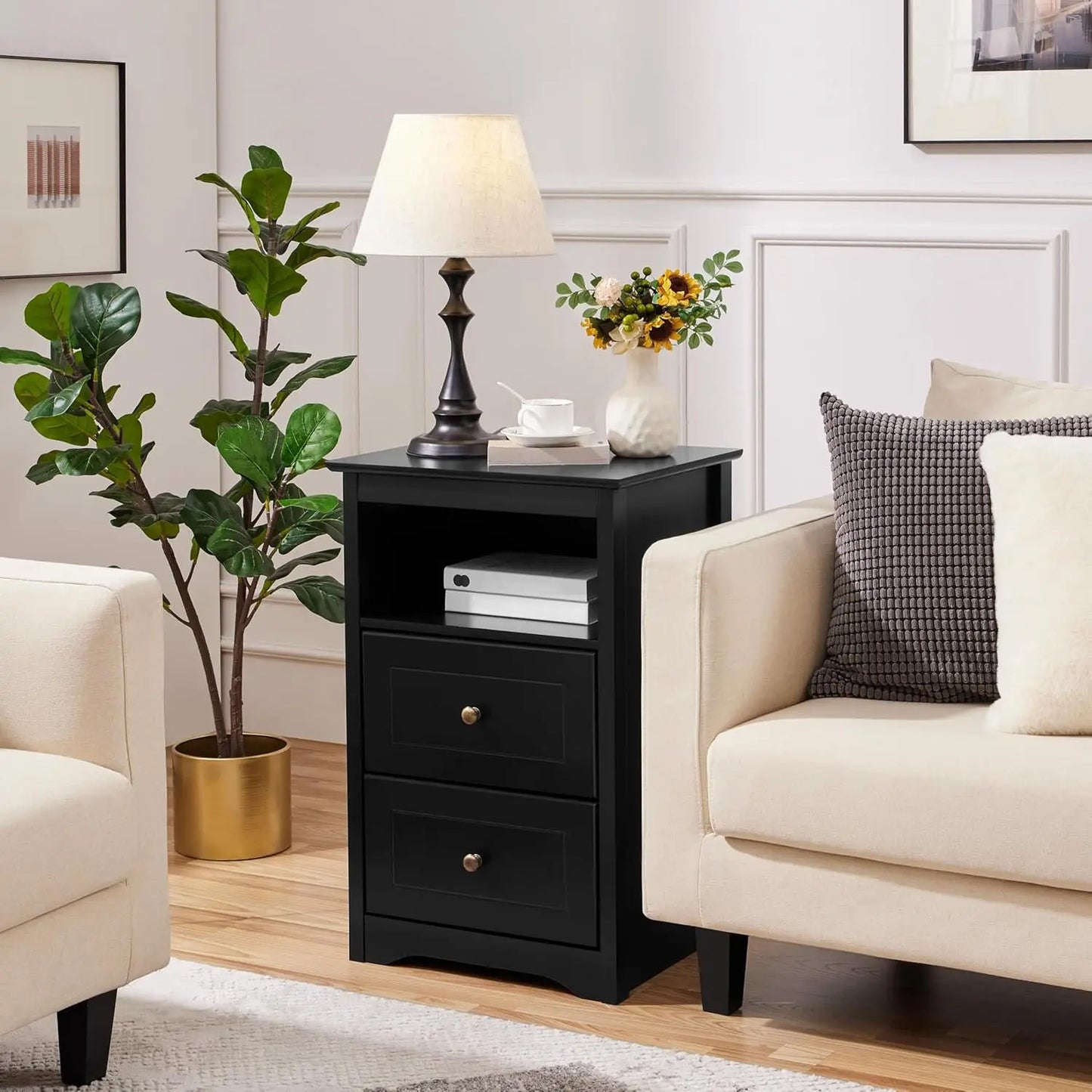 Nightstand Set of 2, Wooden Bedside Tables with 2 Drawer and Cubby, 2Pcs Tall Nightstand for Bedroom Small Space,, Customized
