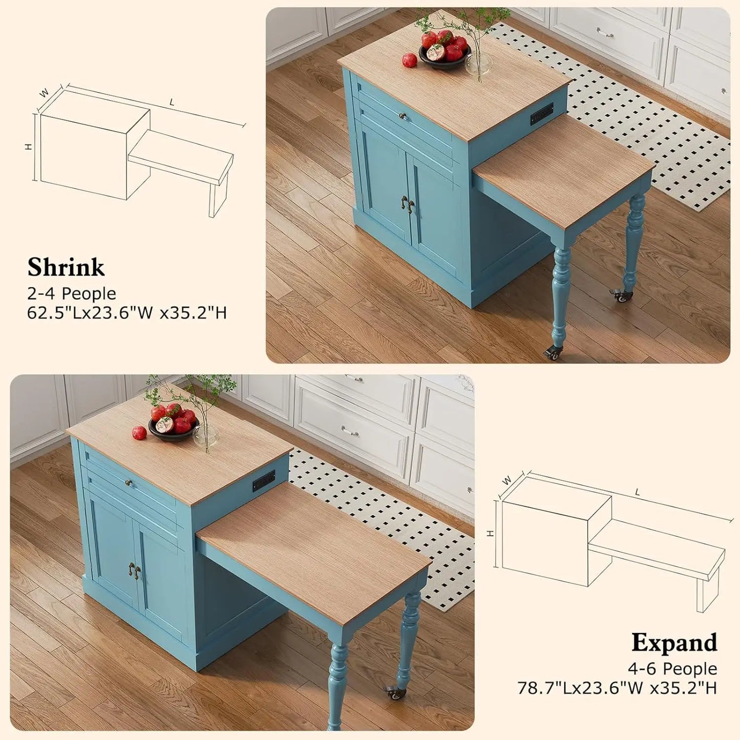 72" Kitchen Island with Extendable Table for 2-4, Island Table for Kitchen with Power Outlet and Storage Slide Out, Custom