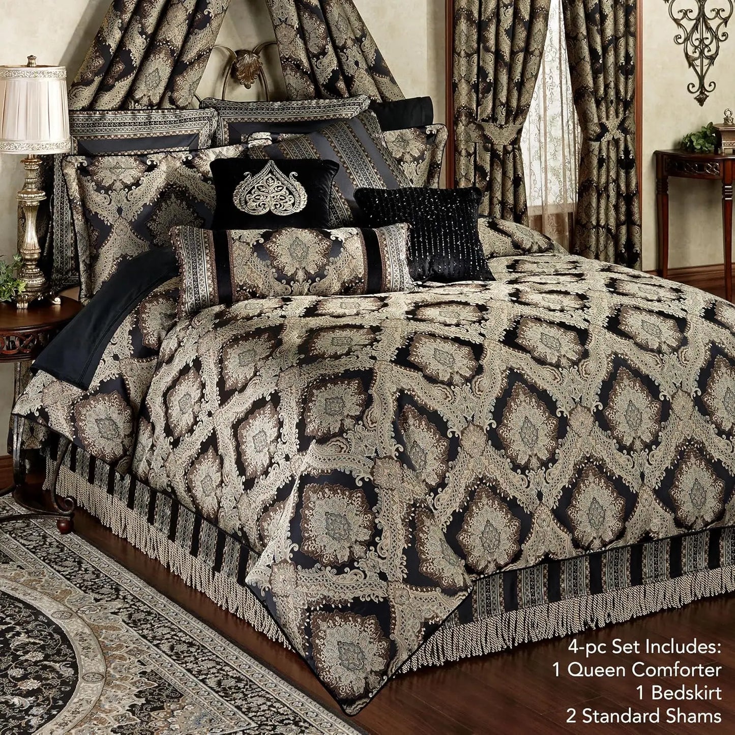 Fenmore Damask Medallion Oversized Luxury Bedding | Rich Black Taupe Silver Gray Wheat Almond | 4 Piece Comforter, Customized