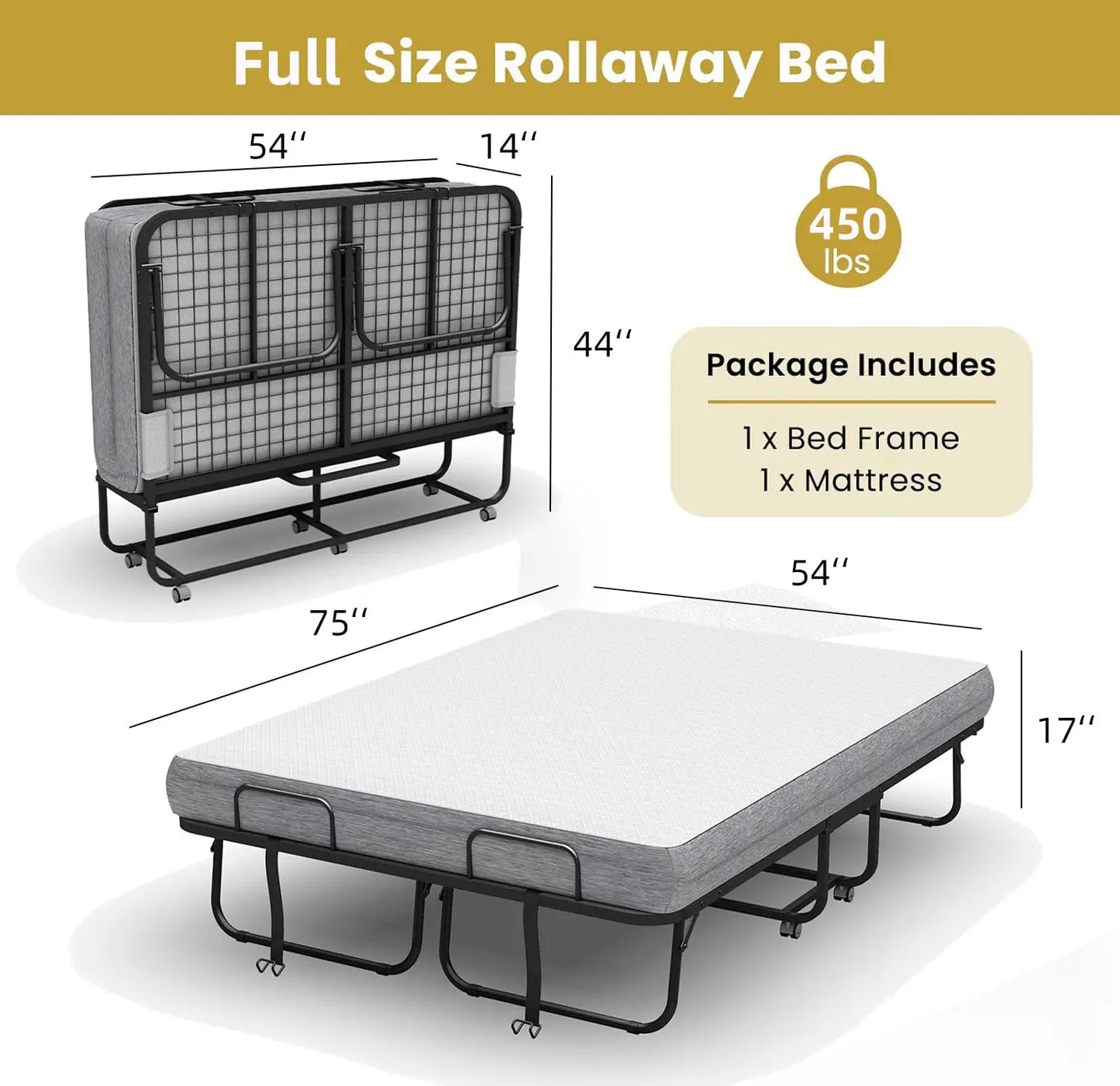 Full Size Folding Bed with Mattress - Extra Large Size 75''x54'' Foldable Rollaway Bed for Guest, Space Saving Fold Up for Easy