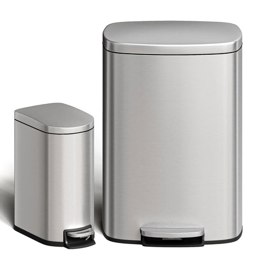 Durable Step-On Kitchen Trash Can Combo Set 50L+10L Stainless Steel Garbage Bins w/Removable Inner Buckets for Kitchen Bathroom