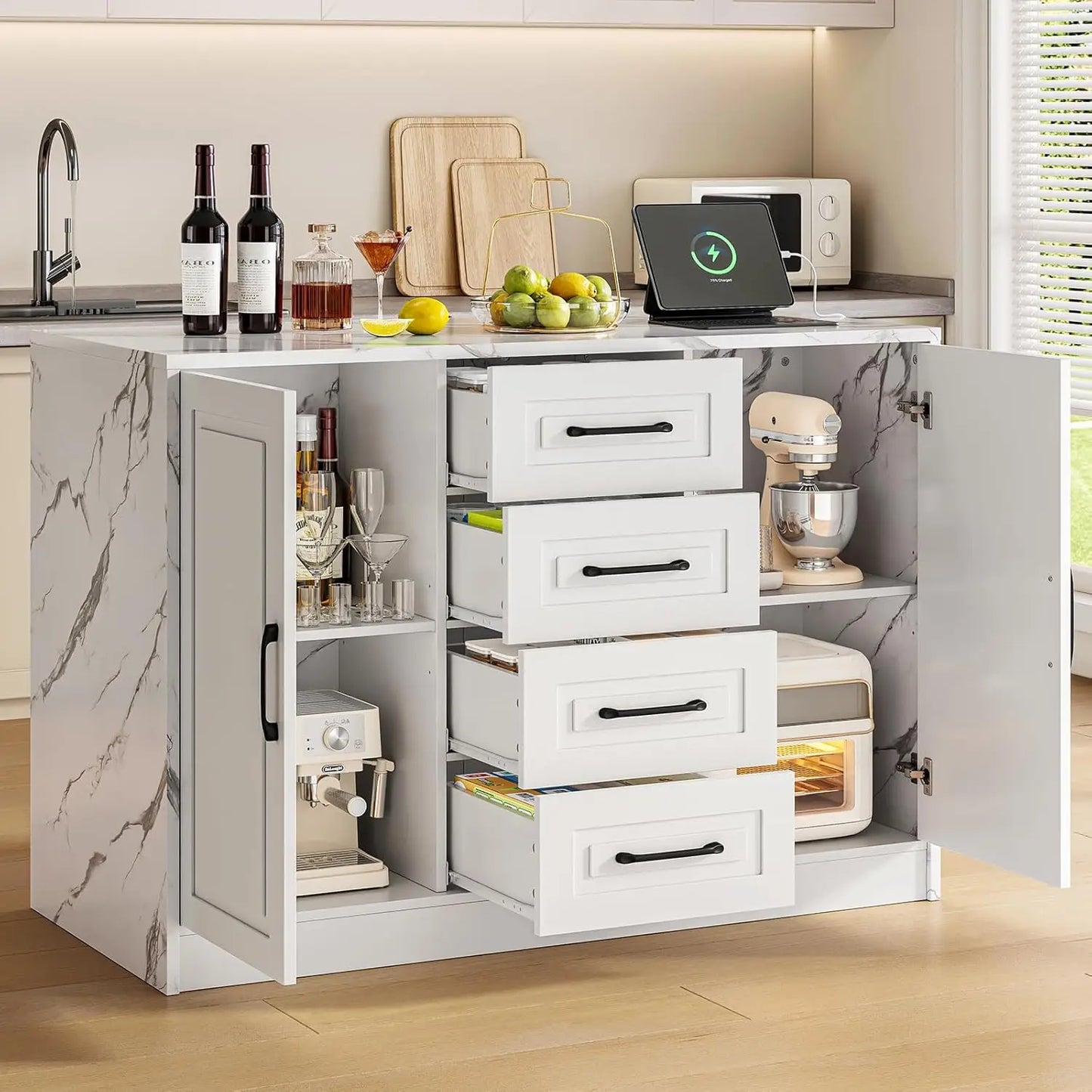 47.3" Kitchen Island with 2 Storage Cabinets & 4 Drawers, Modern Imitation Marble Dining Table with Power Outlet,, Custom