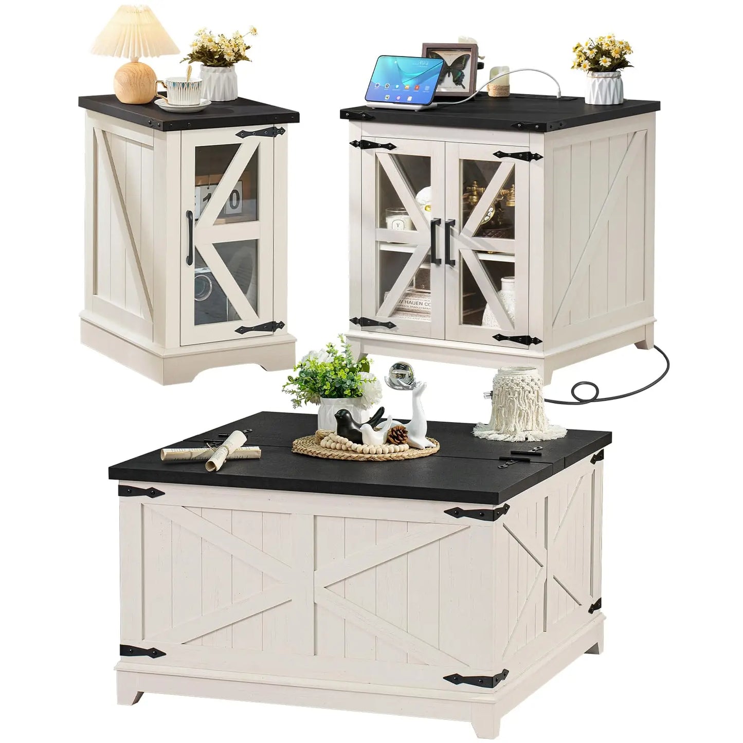 Farmhouse Coffee Table Sets 3 Pieces, 24'' End Table with Charger and Narrow 14'' Nightstand w/Glass Barn Door, Living Room Sets