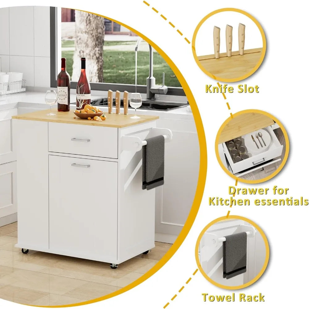 Rolling Kitchen Island with Trash Can Storage, Portable Kitchen Island on Wheels with Towel Rack & Spice Rack, Tilt Out Trash Ca