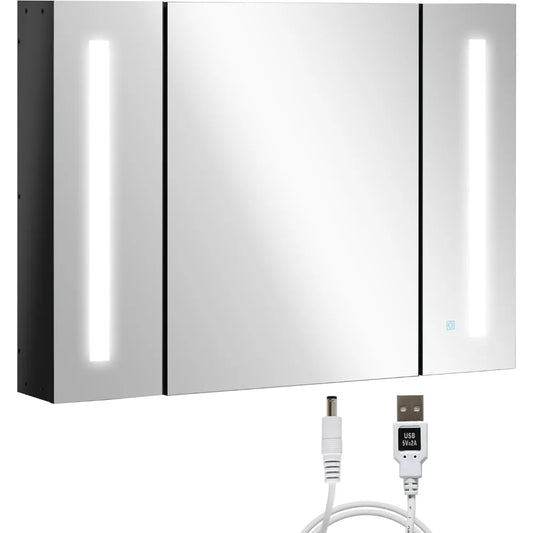 Wall Mounted Mirror Cabinet, LED Lighted Medicine Cabinet with 3 Doors, Adjustable Shelves, Memory Function