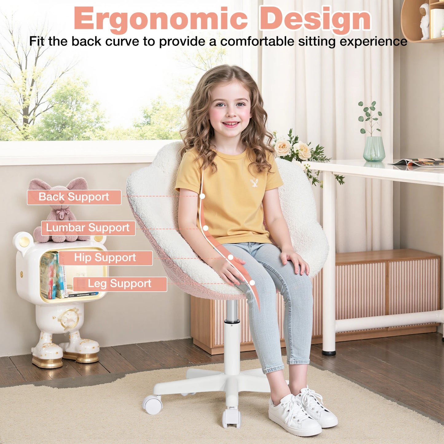 Kids Desk Chair Ergonomic Flower Study Chair Boucle Swivel Kids Computer Chair Adjustable Height Cute Children Desk Chair