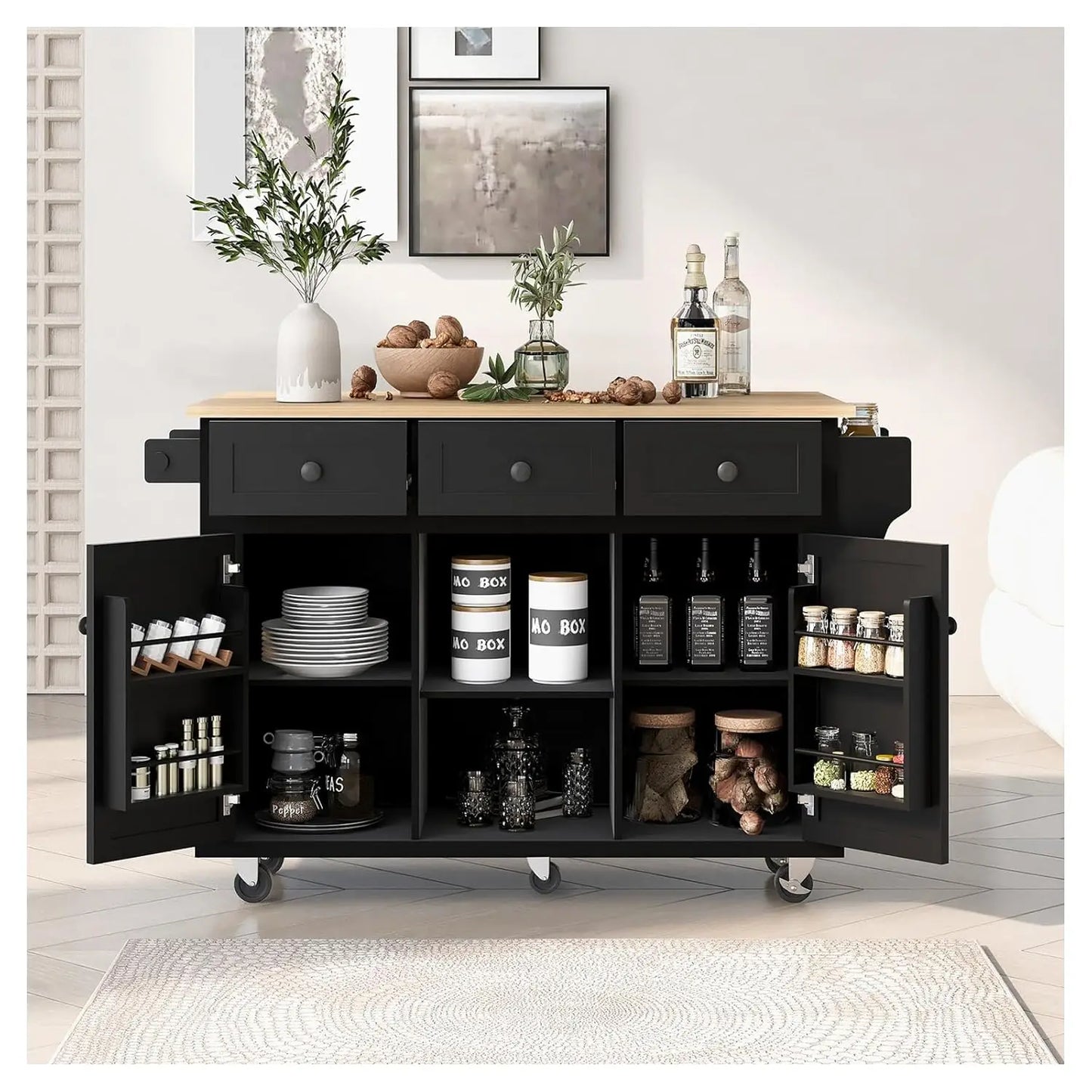 53" Rolling Kitchen Island, Drop Leaf & Power Outlet, 3 Drawers & 2 Cabinets, Mobile Kitchen Cart on 5 Lockable Wheels,, Custom