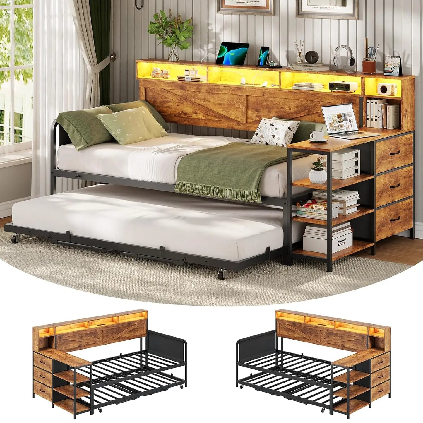 Daybed Twin with Pop Up Trundle, Farmhouse Wooden Day Bed Frame with 3 Storage Drawers and Shelves, Twin to King, Customized