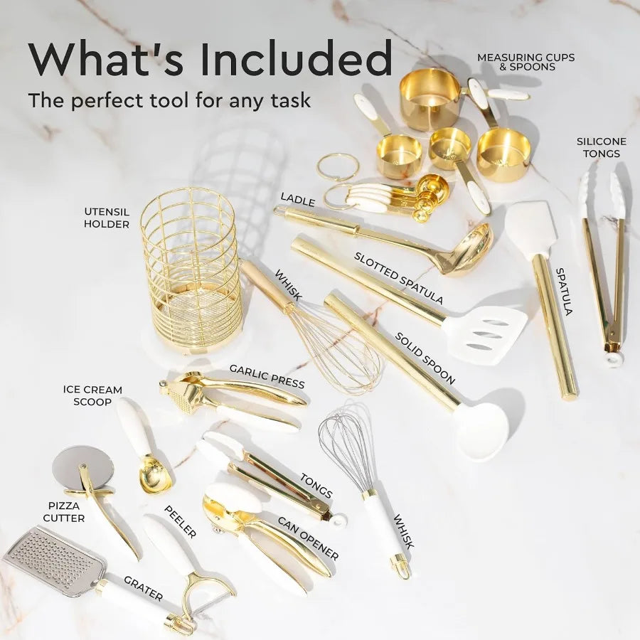 White and Gold Kitchen Utensils Set 23Piece Gold Kitchen Accessories Include Measuring Cups and Spoons Set Silicone Utensils an