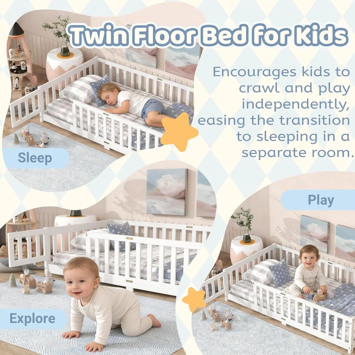 Twin Size Floor Bed with Slats and Door,Montessori Floor Bed Frame with High Rails,Twin Wood Kids Beds with Fence,No Box Spring