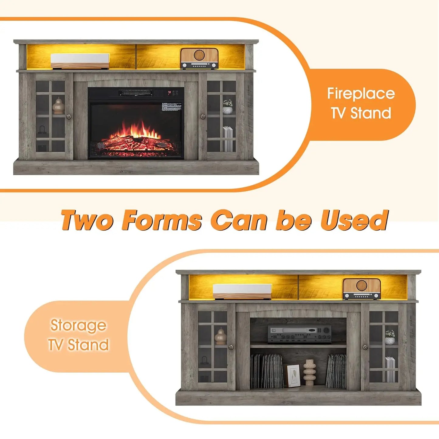 58" Fireplace TV Stand for TVs Up to 65", Farmhouse Entertainment Center with 23" Electric Fireplace & LED Light,, Customized