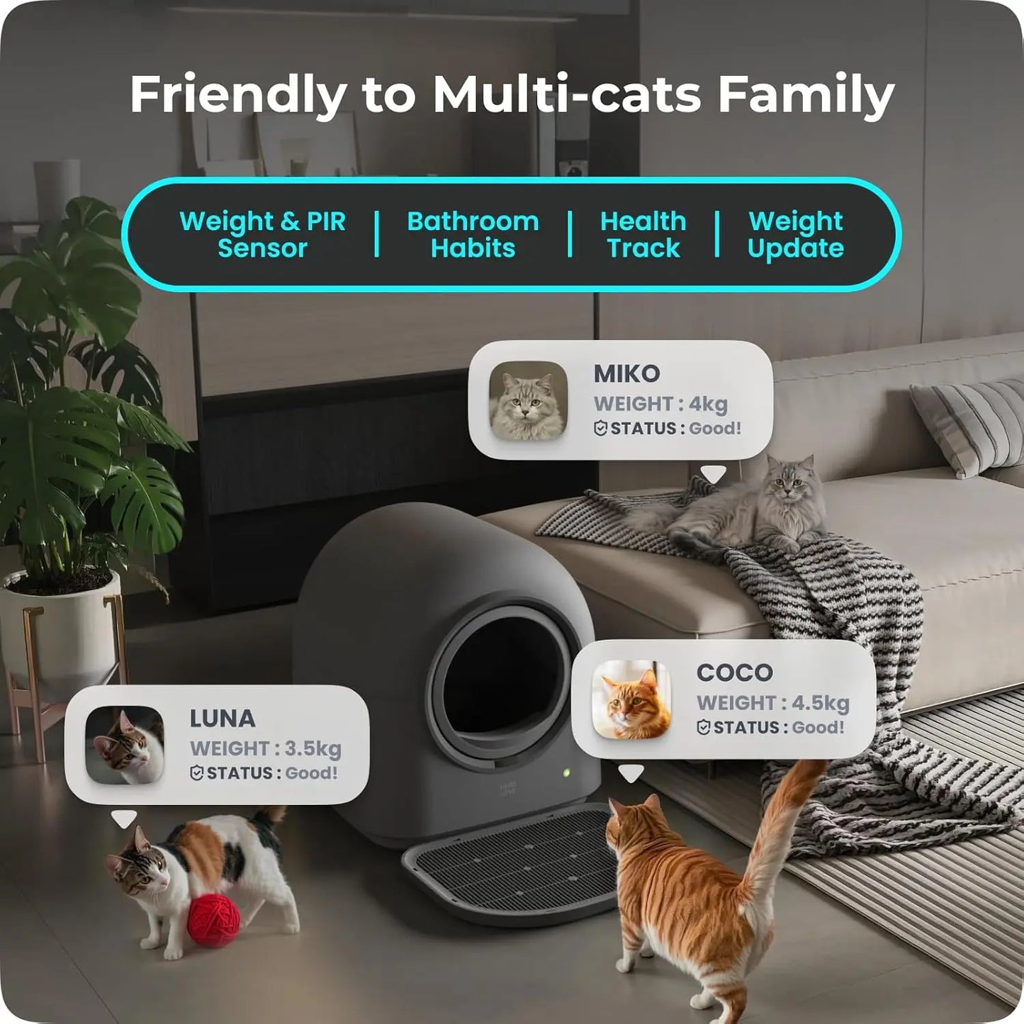 Self Cleaning Automatic Cat Litter Box, App Control, Hands Free for Multi-Cat, Safe,with Mat, Bags & Deodorizer,Dark Grey,Custom