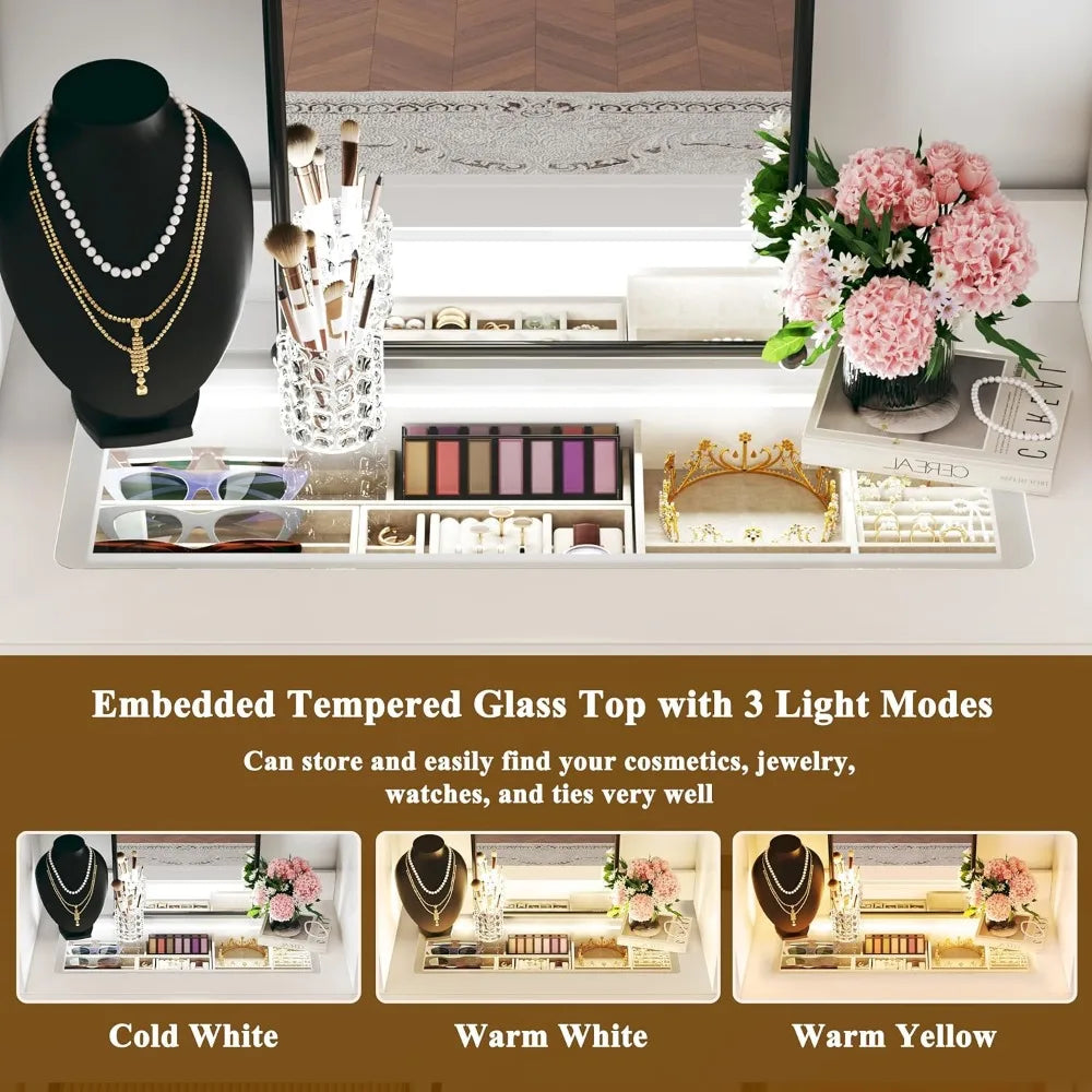 Closet System, 4-8FT Closet Organizer with 3 Wood Drawers & Glass Top, 102'' Walk in Closet with 5 Hang Rods，Customized