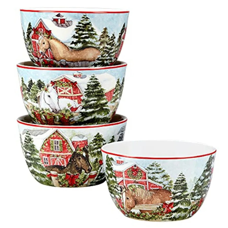 Homestead Christmas 16Piece Dinnerware Set Holiday Tableware for 4 with Festive Horse and Barn Scenes Winter Ceramic Plates Bow