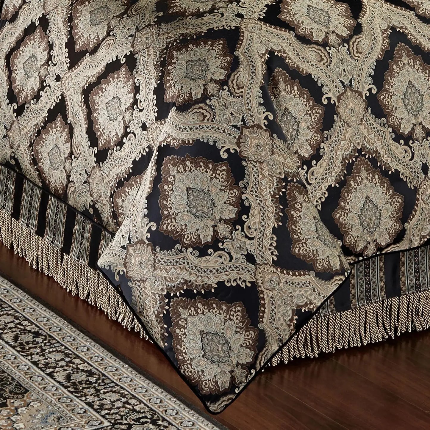 Fenmore Damask Medallion Oversized Luxury Bedding | Rich Black Taupe Silver Gray Wheat Almond | 4 Piece Comforter, Customized
