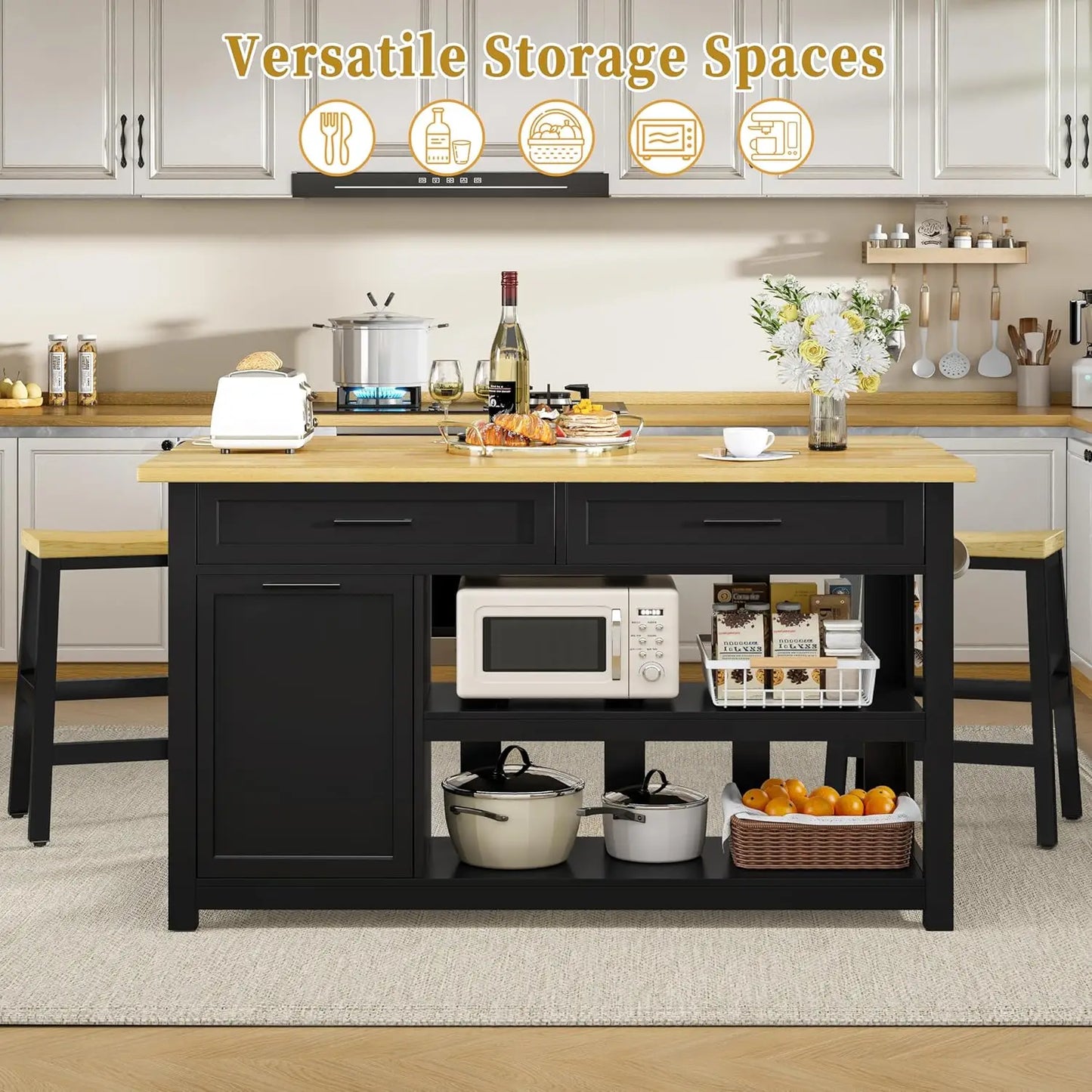 Kitchen Island with Storage and Seating Include 2 Bar Stools, 47" Solid Rubberwood Top Kitchen Island with Trash Can, Custom