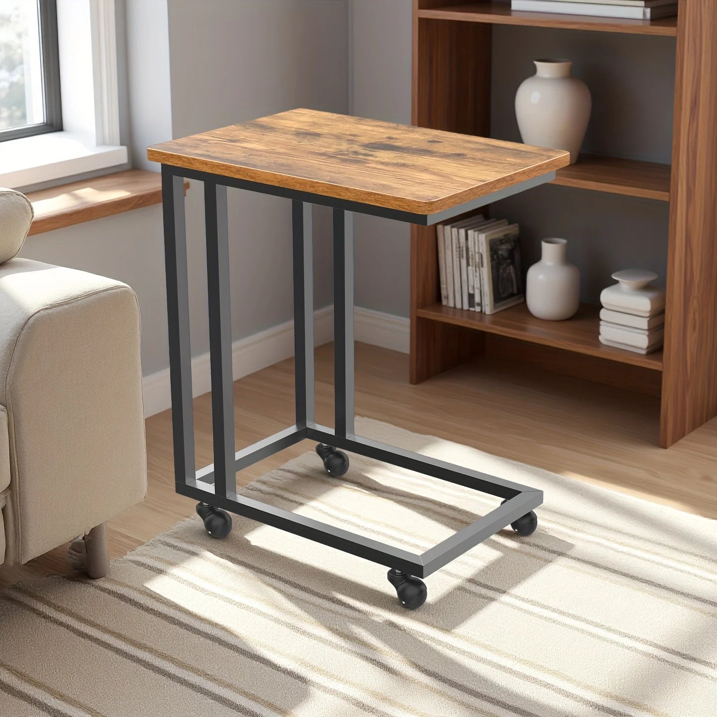 JHK Wood Sofa Table Overbed Bedside Desk Portable Rolling with Wheels Metal Frame Adjustable Feet  for Living Room Bedroom