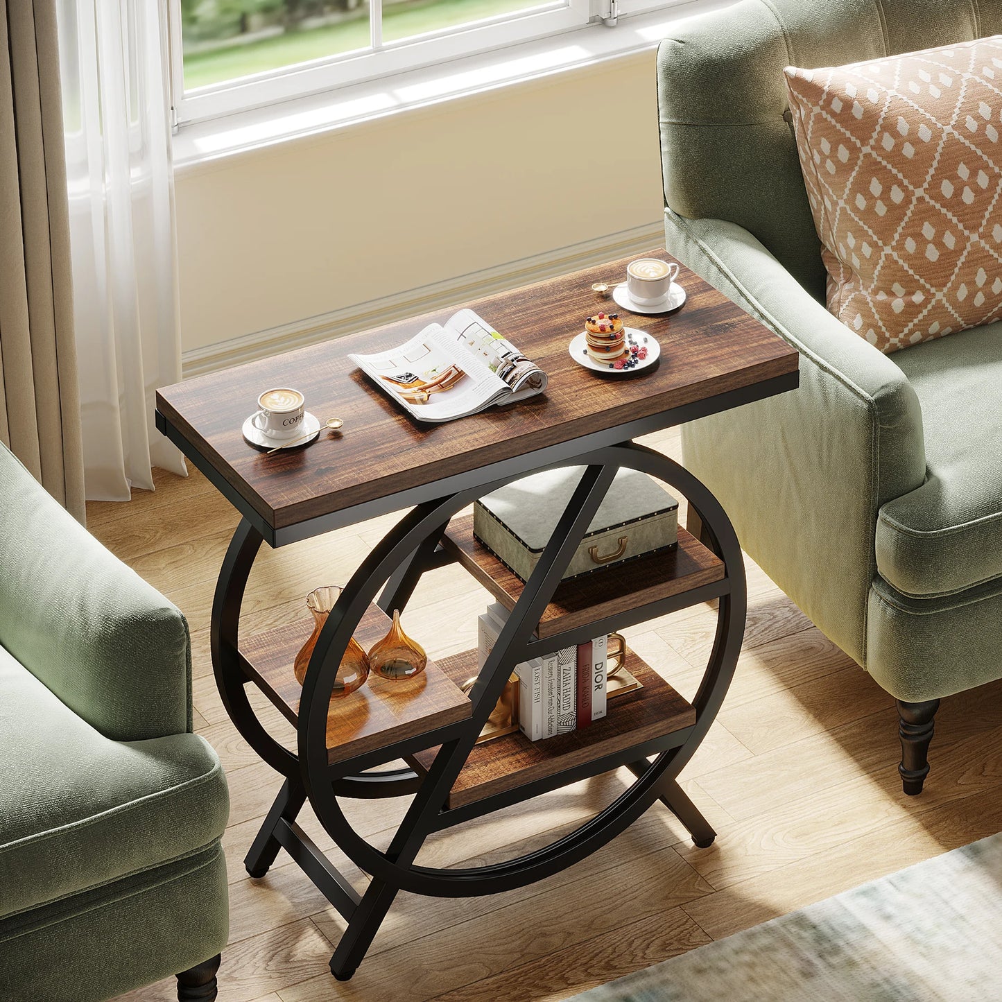 Tribesigns End Table for Living Room, 3-Tier Narrow Side Table with Storage, Wood Sofa Side Table with Geometric Metal Frame