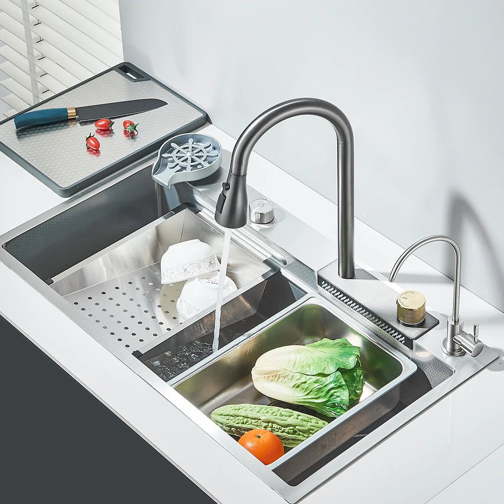 Brushed Nickel Stainless Steel Kitchen Sinks Recessed Sinks Kitchen Taps Sinks with Drains Kitchen Faucet Sink Sets