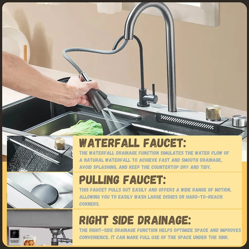 Single Slot Kitchen Sink with Faucet 304 Stainless Steel Large 60x45cm Rainfall 4 Functions Sink with Soap Dispenser,Cup Washer