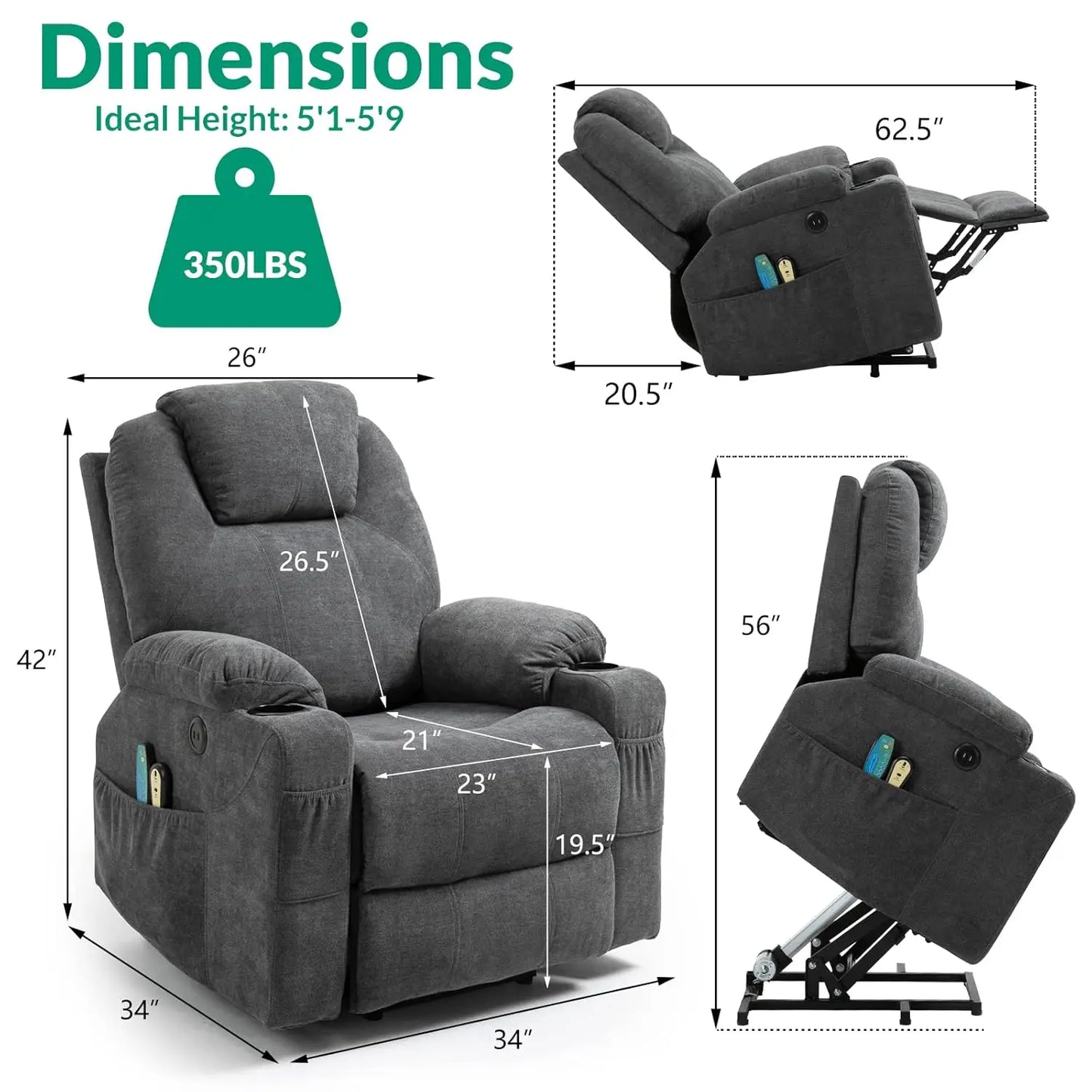 Power Lift Chair Electric Recliner for Elderly Heated Vibration Massage Fabric Recliner Chair with 2 Remote, Customized