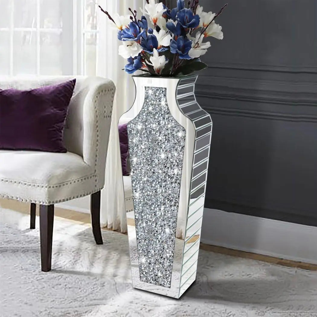 2 Shapes 68CM Crushed Diamond Decorative Mirrored Floor Vase Crystal Silver Glass Flower Vase for Pampas Grass Artificial Flower