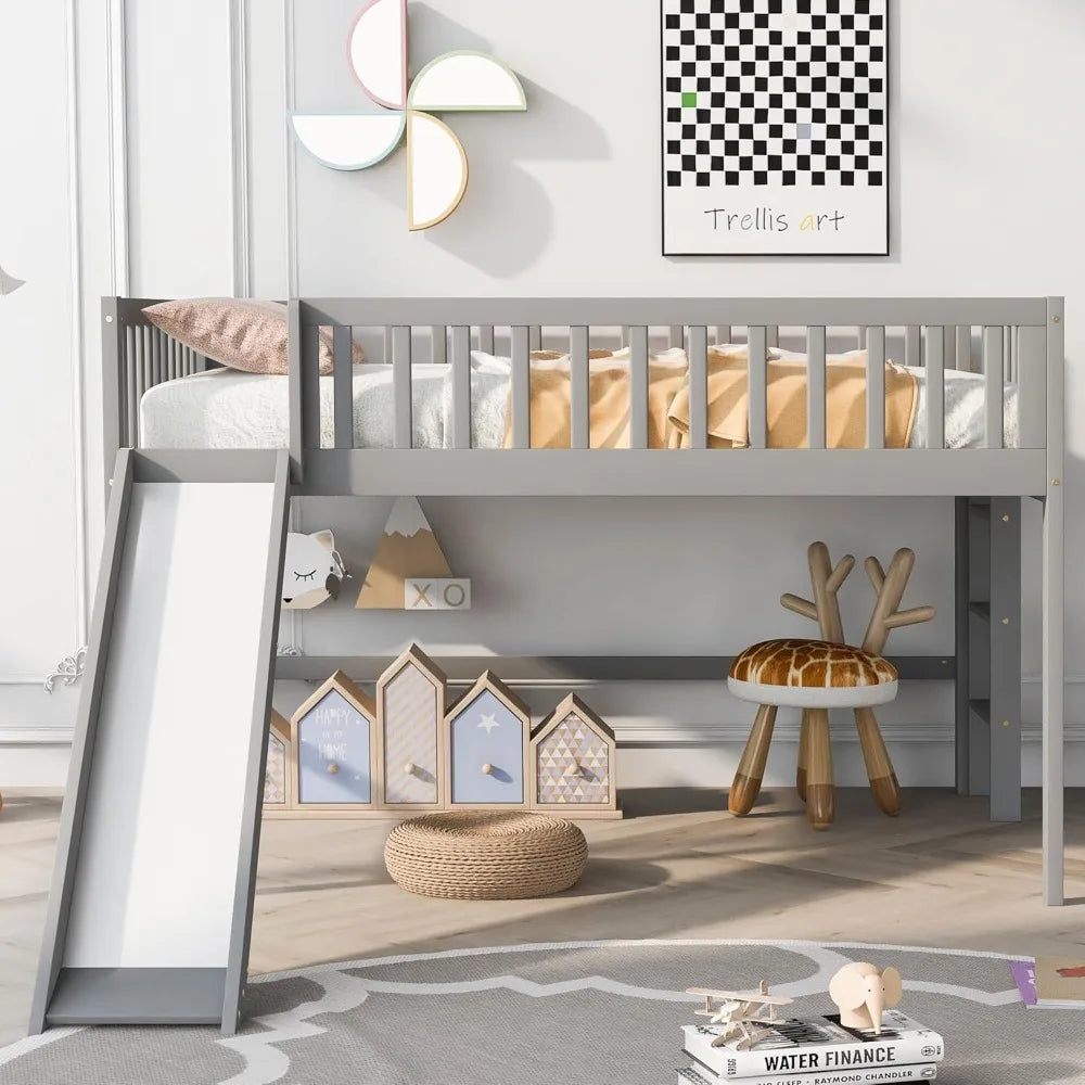 Full Size Low Loft Bed with Slide, High Guardrail & Ladder, Loft beds with Safety Rails, Wooden Full Loft Bed Frame for Kids, Bo