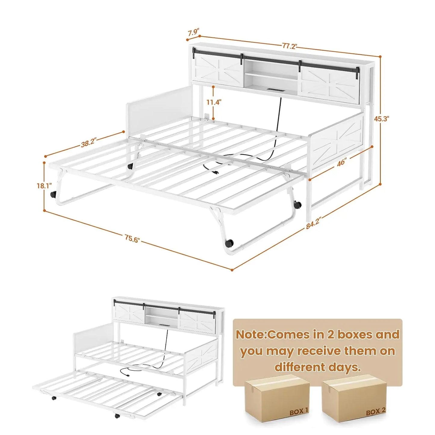 Farmhouse Twin Daybed with Pop Up Trundle, Bookcase Headboard, Charging Station & Metal Sofa Bed, Customized