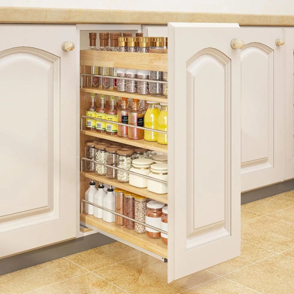 Pull Out Spice Rack Organizer for Cabinet, 5"W x 21.9"D x 25.2"H, Multi-Use Wood Slide Out Shelf Kitchen Storage