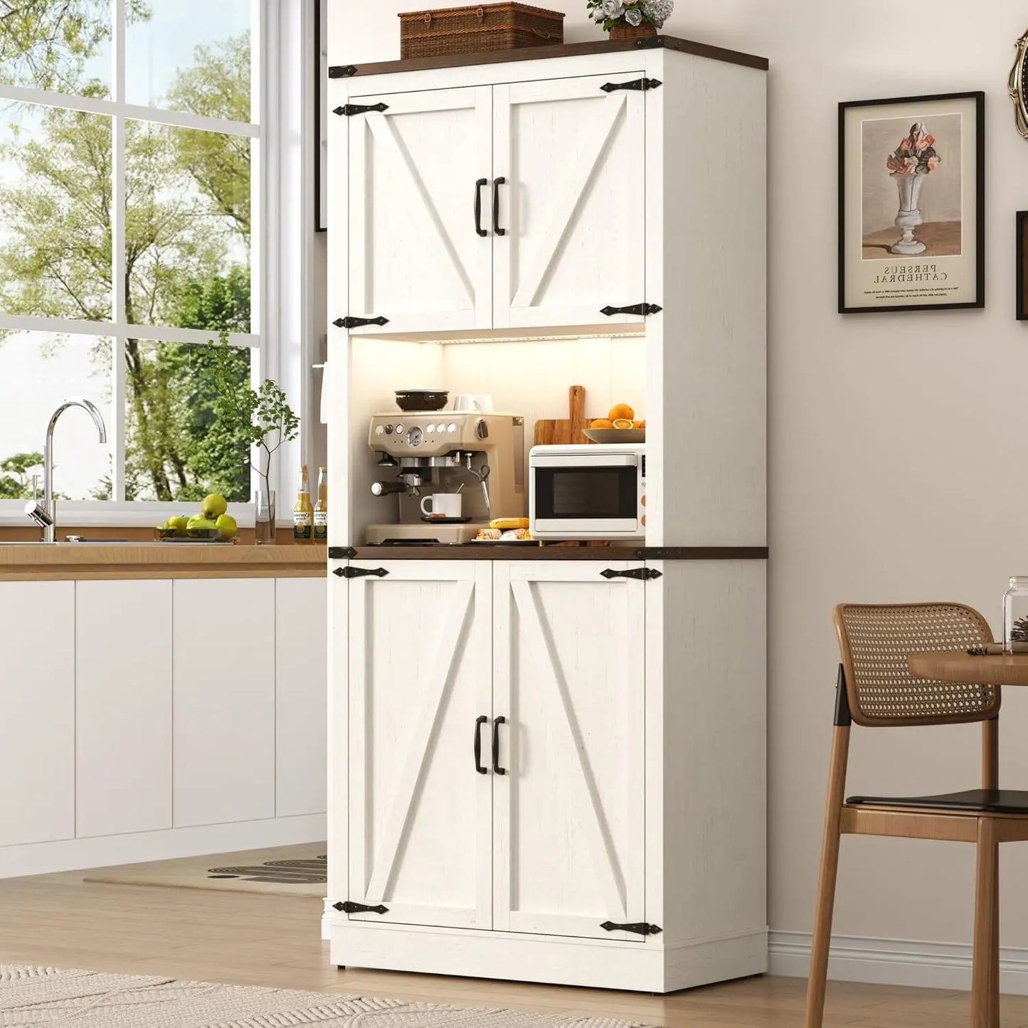 72" Tall Farmhouse Kitchen Pantry Cabinet with LED Light and Power Outlet,Modern Farmhouse Kitchen Storage Cabinet w, Custom