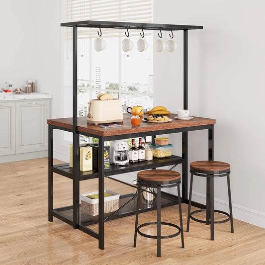 42" Kitchen Island with Storage & Seating - 3-Tier Bakers Rack, Microwave Stand, Dining Table for 4, 5 Hooks & 50lb Capacity, Mu