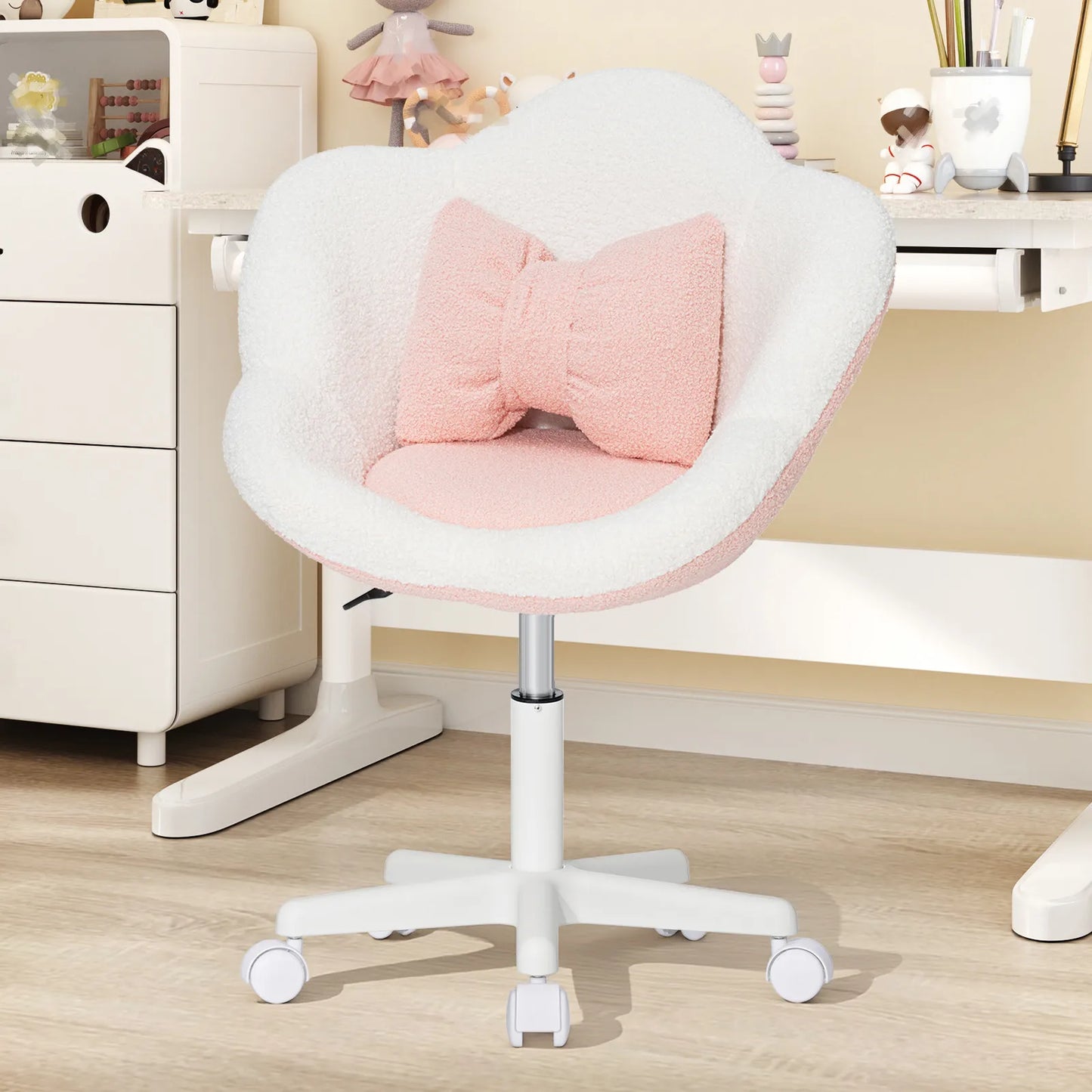 Kids Desk Chair Ergonomic Flower Study Chair Boucle Swivel Kids Computer Chair Adjustable Height Cute Children Desk Chair
