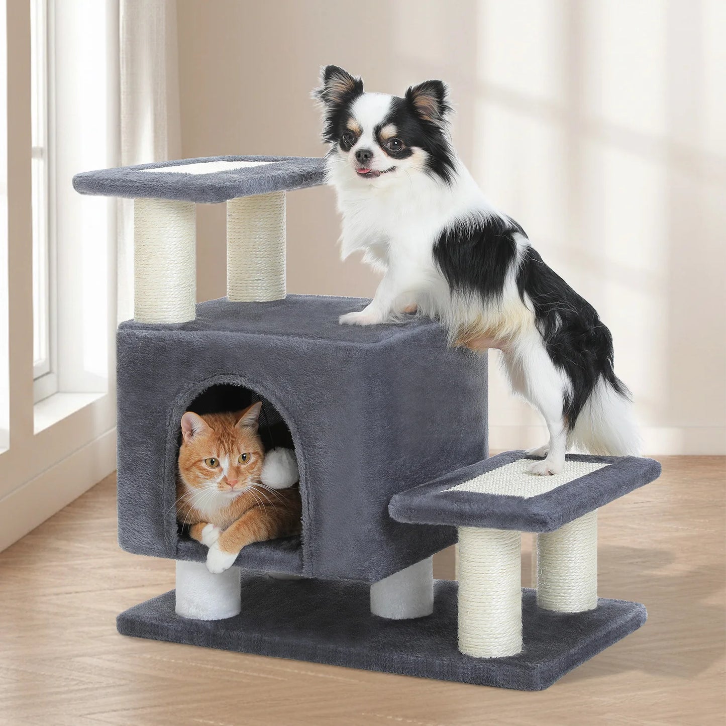 3-Tier Dog Stairs, Removable Pet Stairs for Small Dogs and Cats, Multifunctional Cat Bed House with Scratching Posts, Cat Condo