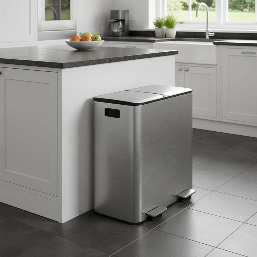 Stainless Steel Dual Trash Can Double Compartment Garbage and Recycling Bin Combo with Lid,Step-On Pedal,Removable Liner Buckets