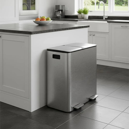 Stainless Steel Dual Trash Can Double Compartment Garbage and Recycling Bin Combo with Lid,Step-On Pedal,Removable Liner Buckets