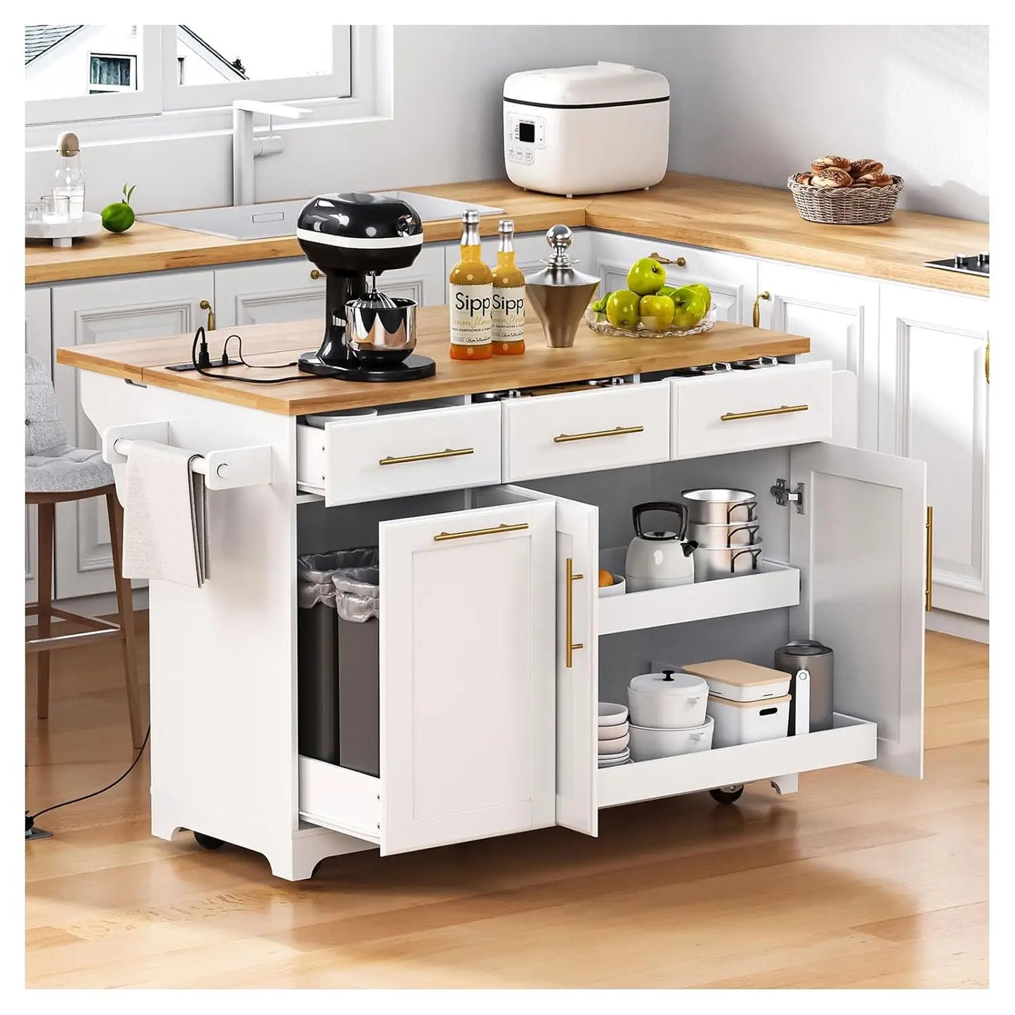53" Rolling Kitchen Island, Drop Leaf & Power Outlet, 3 Drawers & 2 Cabinets, Mobile Kitchen Cart on 5 Lockable Wheels,, Custom